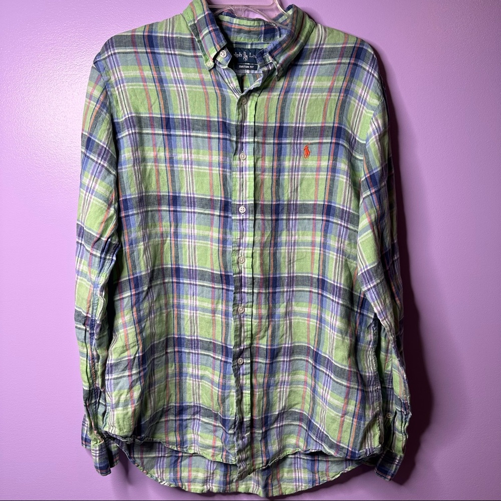 Men 100% Linen Button Down Shirt Ralph Lauren Sz L